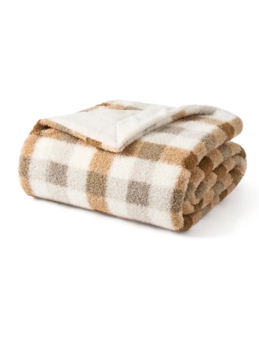 NEW Plaid Sherpa Throw Blanket One Size Beige and White